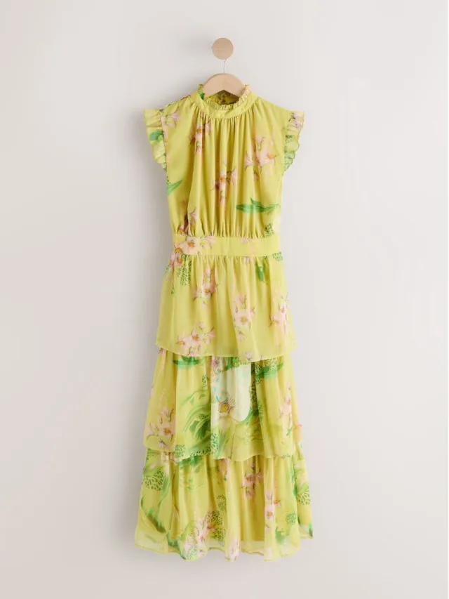 Next Dames - Bedrukte maxi-jurk met hoge hals en gelaagde rok voor speciale gelegenheden - Geel Kew Collection Yellow Floral