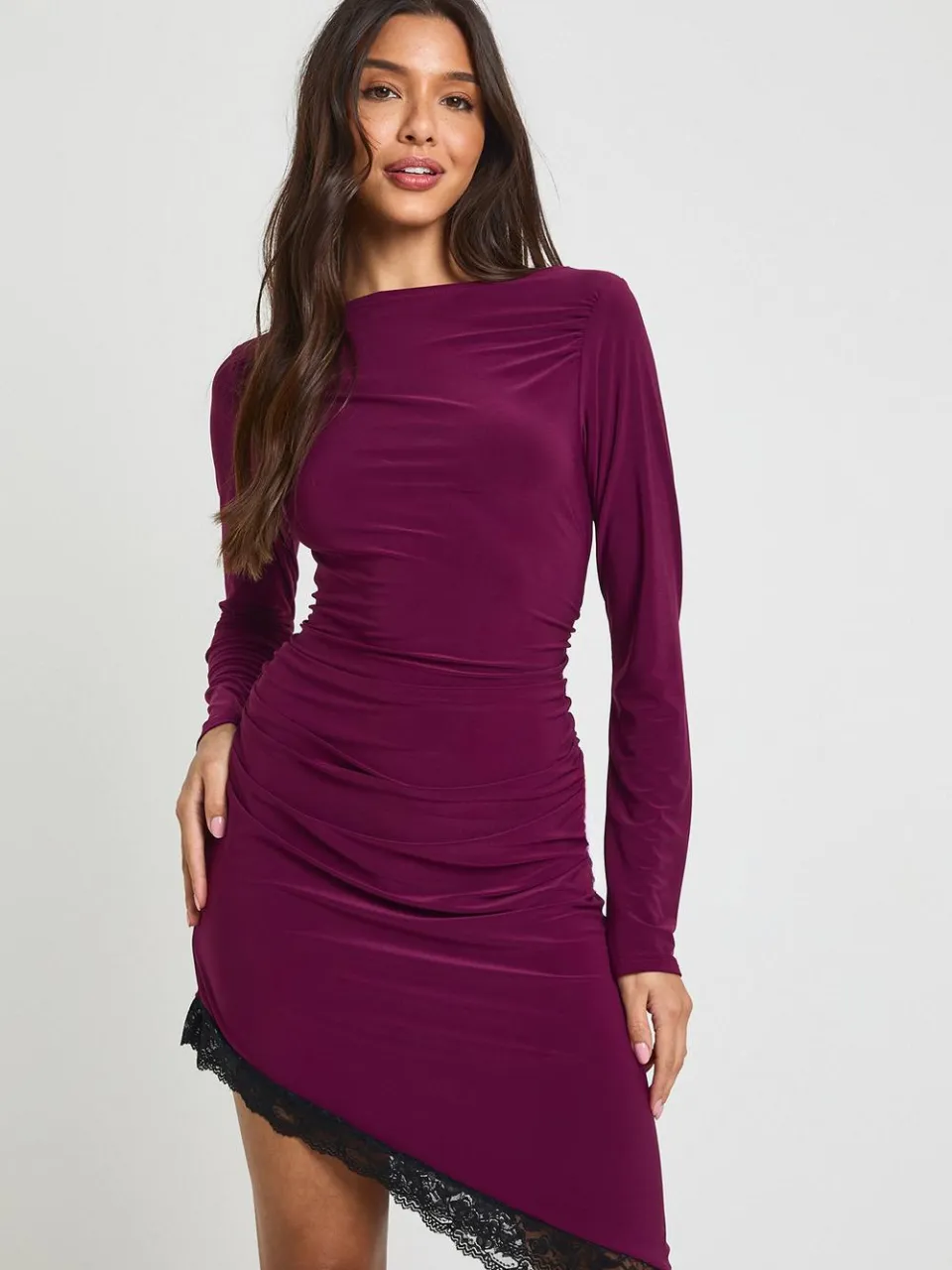boohoo Dames Nauwsluitende Midi-jurk Met Boothals En Kanten Zoom pruim, foto 2