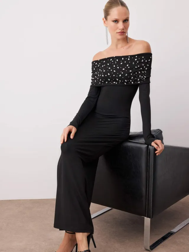 Trendyol TRENDYOLMİLLA Dames Zwart Effen Maxi Lang Stijlvol/Avond Bodycon Jurken