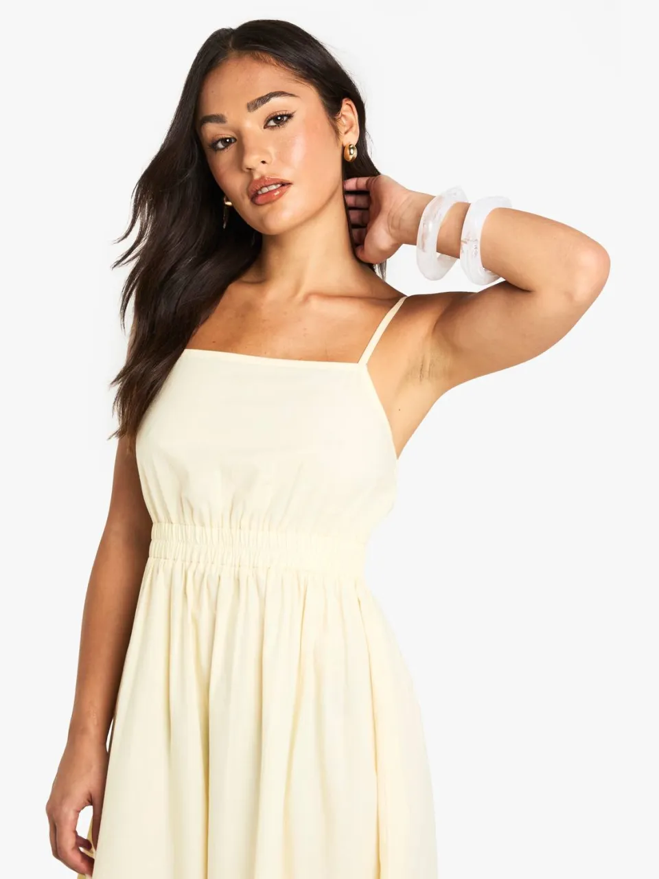 boohoo Dames Kleine Riemige Poplin Midaxi Jurk citroen, foto 4