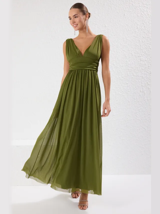 Trendyol TRENDYOLMİLLA Dames Groen Effen Maxi Mouwloos Diploma-uitreiking / Gala A-lijn Avond & Gala Jurk