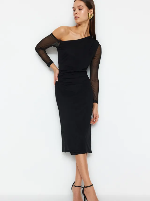 Trendyol TRENDYOLMİLLA Dames Zwart Effen Midi Lang Avond / Dagelijks Bodycon Jurken