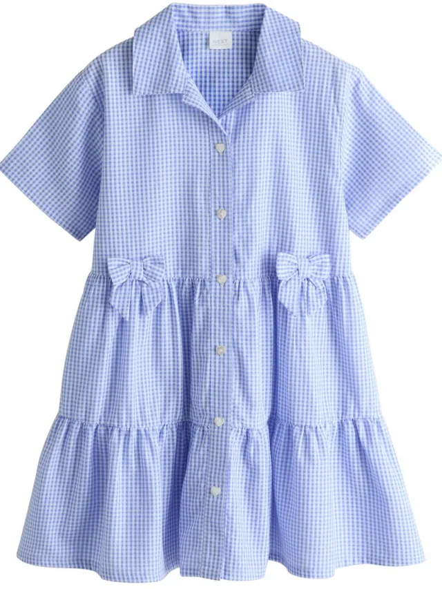 Next Meisjes - Katoenrijke utility-schooljurk met strik en ruitjes - Blauw Blue