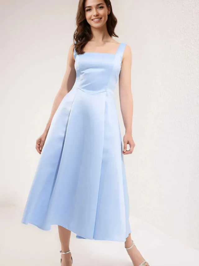 Trendyol TRENDYOLMİLLA Dames Donkerblauw Effen Midi Mouwloos Stijlvol/Avond Skater Jurken