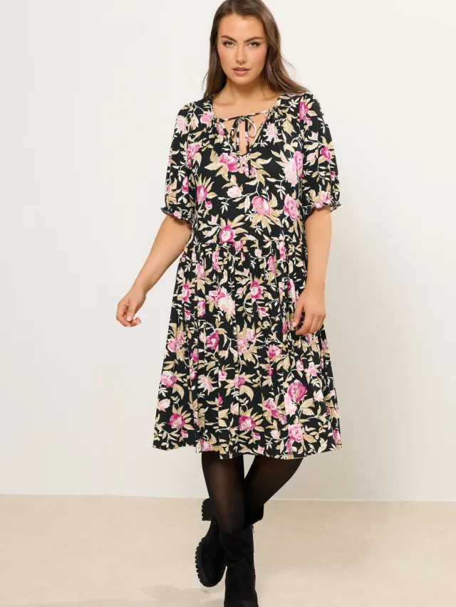 Yours Zwarte Minijurk Met Bloemenprint En Strik Black