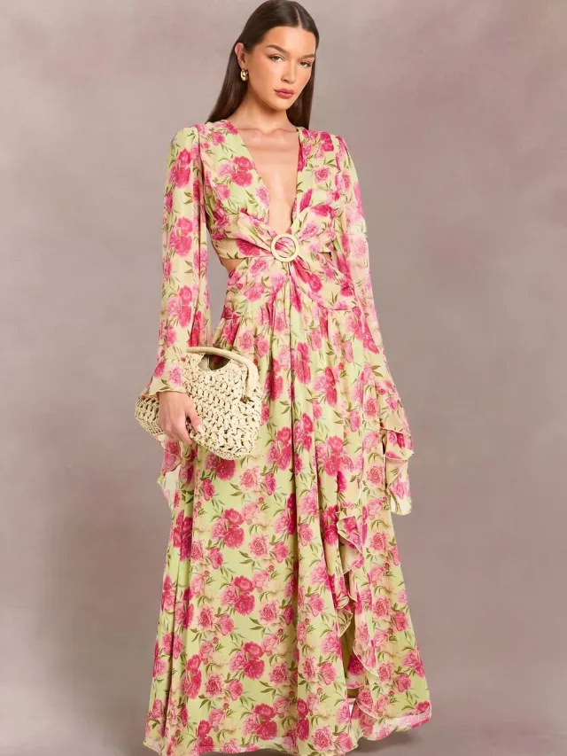 boohoo Dames Chiffon Bloemen Maxi Jurk Met Diepe V-hals Tot Op De Grond Zachte Limoen
