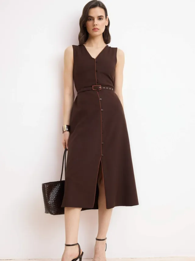 Trendyol TRENDYOLMİLLA Dames Bruin Effen Midi Mouwloos Avond / Dagelijks Blousejurk Jurken