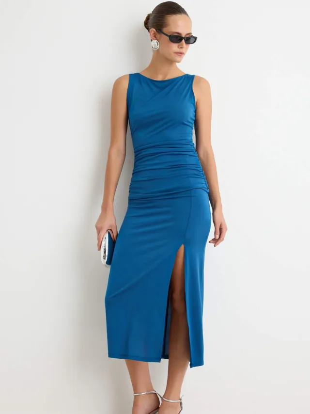Trendyol TRENDYOLMİLLA Dames Groen Effen Maxi Mouwloos Bodycon Jurken