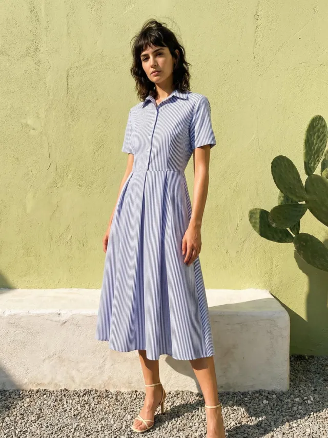 Trendyol TRENDYOLMİLLA Dames Blauw Gestreept Midi Kort Casual Skater Jurken, foto 2