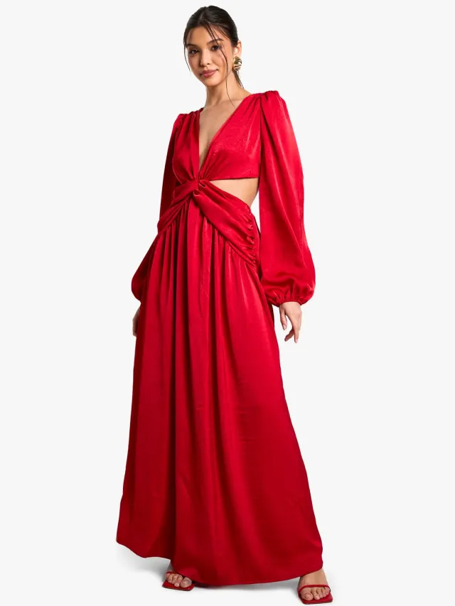 boohoo Dames Gestructureerd satijn maxi-jurk met uitsnijdingen en diepe V-hals Rood