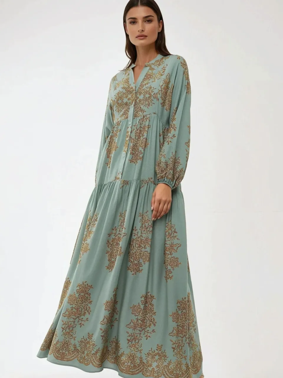 Hiccup Geprinte Viscose Maxi-jurk met Hemd-kraag Mint