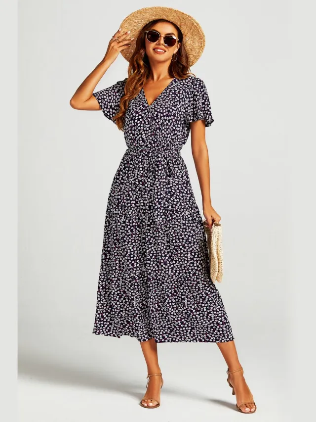 FS Collection Midi-jurk met bedrukte zoom, gelaagde overslagkraag en split aan de zijkant in marine