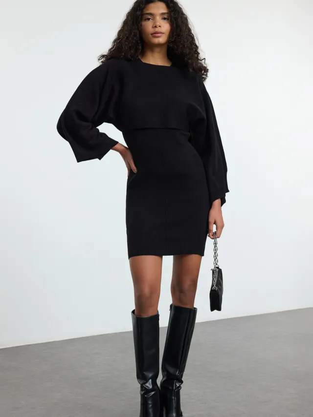 Trendyol TRENDYOLMİLLA Dames Zwart Effen Kort / Mini Lang Casual Bodycon Jurken