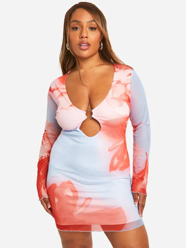 boohoo Dames Plus Mesh Bloemenprint Cut Out Detail Lange Mouwen Mini-Jurk Blauw