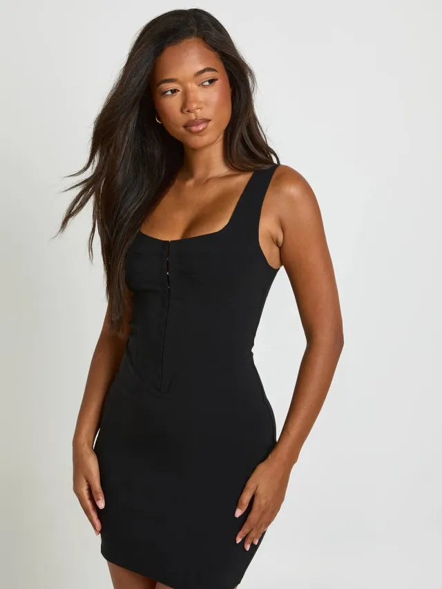 boohoo Dames Bengaline Haak-en-oog Mini Jurk Zwart