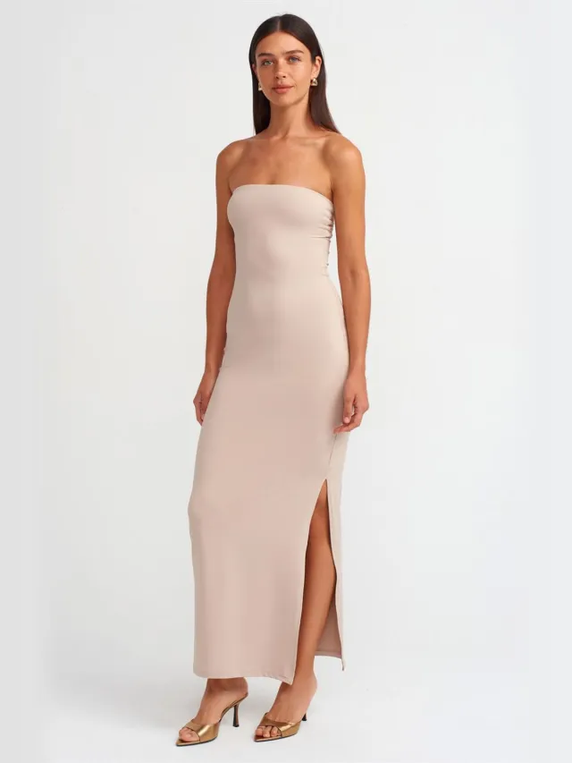 Dilvin Strapless Bodycon Maxi Jurk Met Split Steen