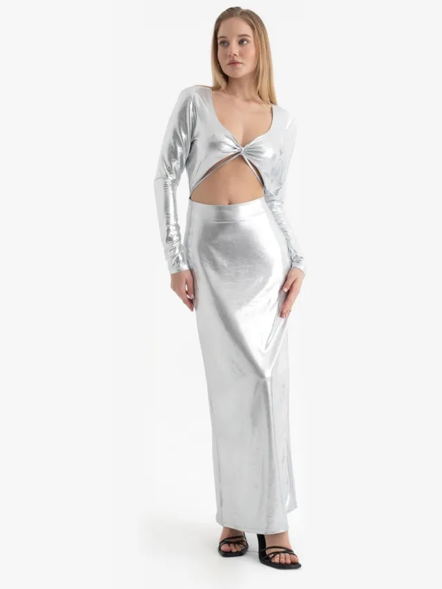 Hiccup Metalen V-hals Cut Out Lange Mouwen Maxi Jurk Zilver