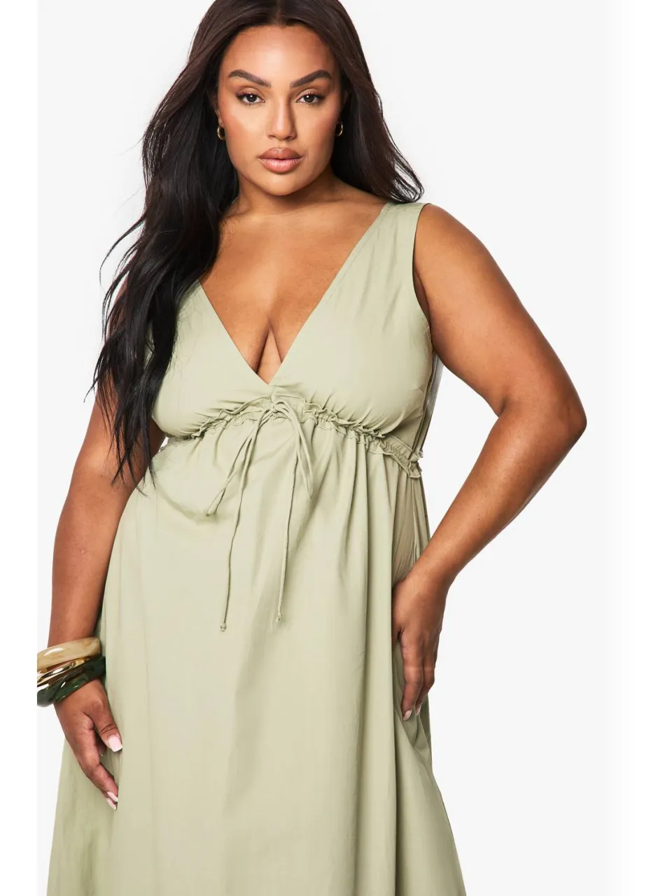 boohoo Dames Plus Katoenen Popeline Maxi-Jurk met Ruche en Strikdetail verstandig, foto 4