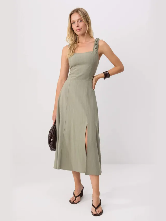 Trendyol TRENDYOLMİLLA Dames Kaki Effen Midi Mouwloos Recht Jurken