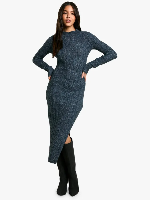 boohoo Dames Marl Gebreide Midaxi Jurk Marineblauw