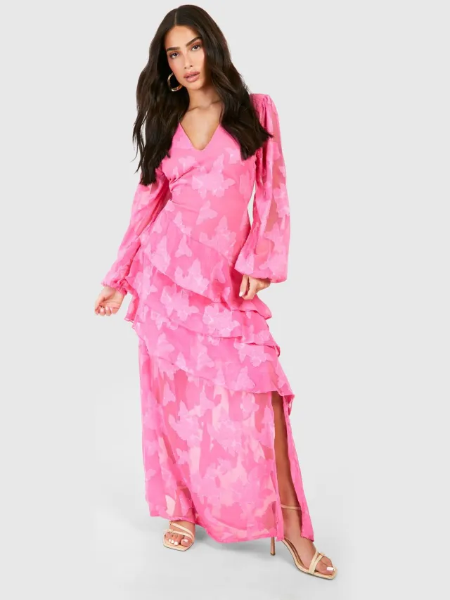 boohoo Dames Petite Burnout Bloemenprint Ruches Detail Maxi Jurk Roze