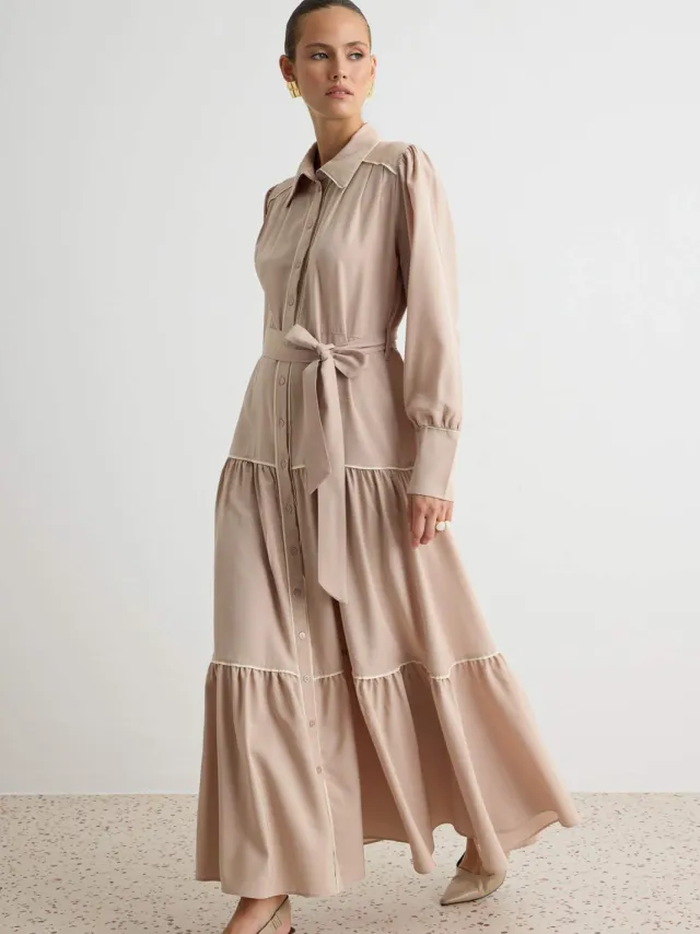 Trendyol Modest Dames Beige Effen Maxi Lang Skater Modest Jurken