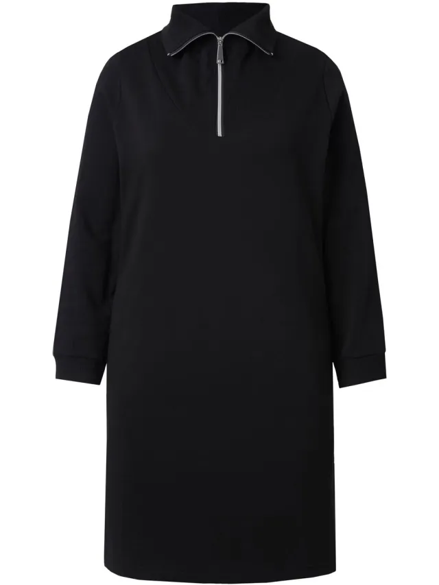 Ulla Popken Dames - Sweatjurk Troy-kraag rits lange mouw - Zwart - Maat 46+