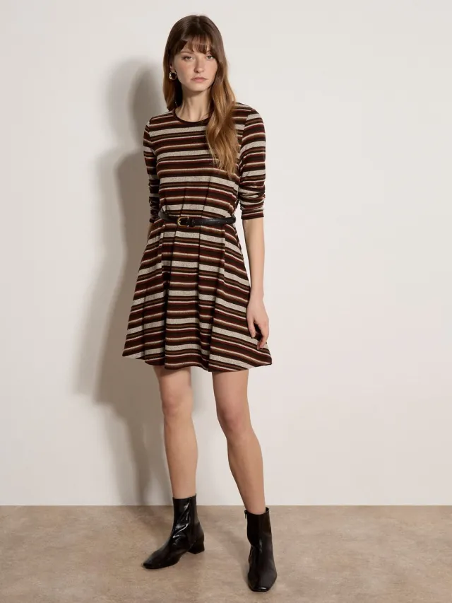 Apricot Mini-jurk met swing en gestreepte print Bruin