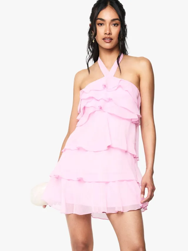 boohoo Dames Halterneck Tie Gerafelde Laagjes Minijurk Baby Roze