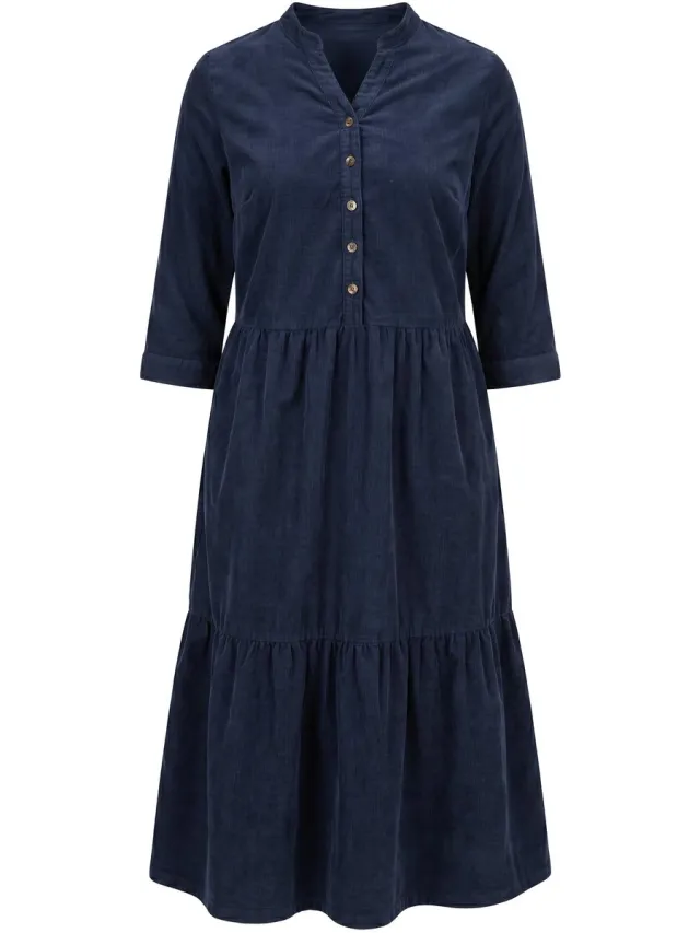 Ulla Popken Dames - Maxi-jurk van corduroy opstaande kraag V-hals lange mouwen - Marine - Maat 50+