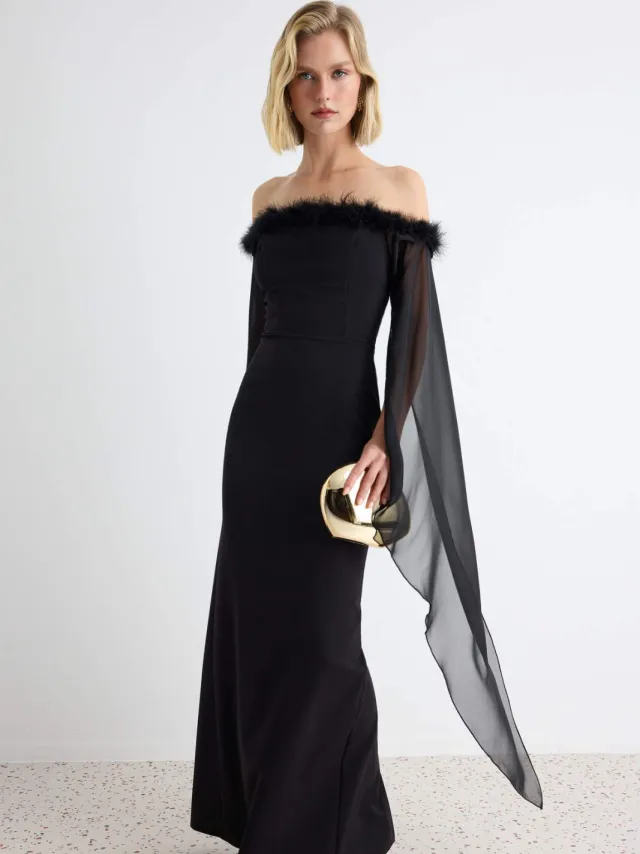 Trendyol TRENDYOLMİLLA Dames Zwart Effen Maxi Lang Diploma-uitreiking / Gala Recht Avond & Gala Jurk