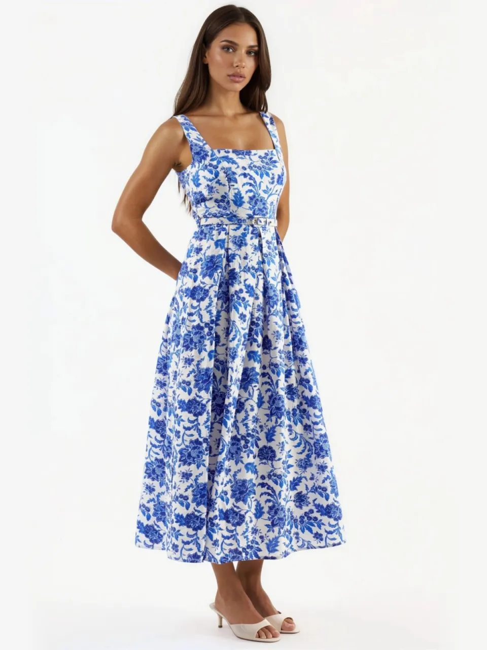 Busem Bloemen Midi-jurk met Vierkante Kraag wit, foto 2