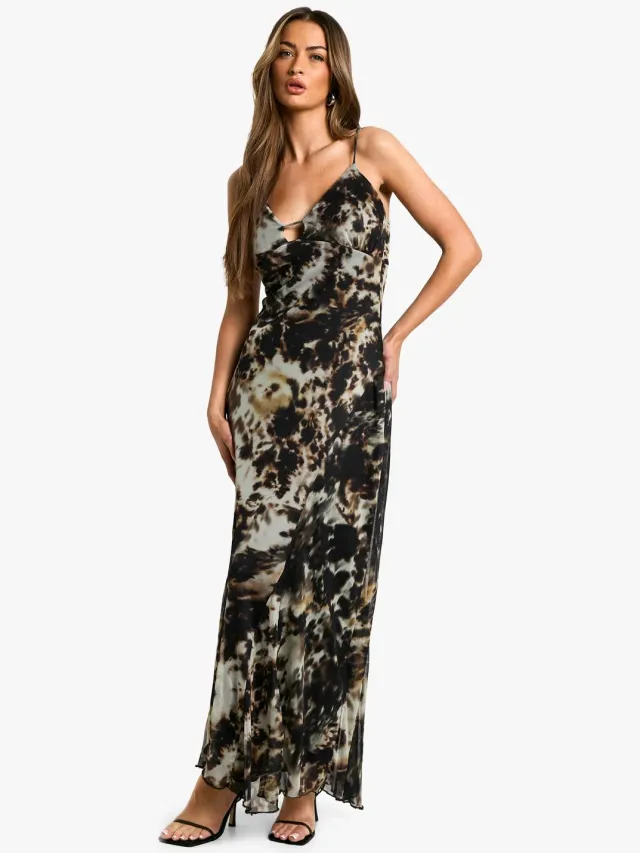 boohoo Dames Smudge Print Strappy Mesh Maxi Dress Kaki
