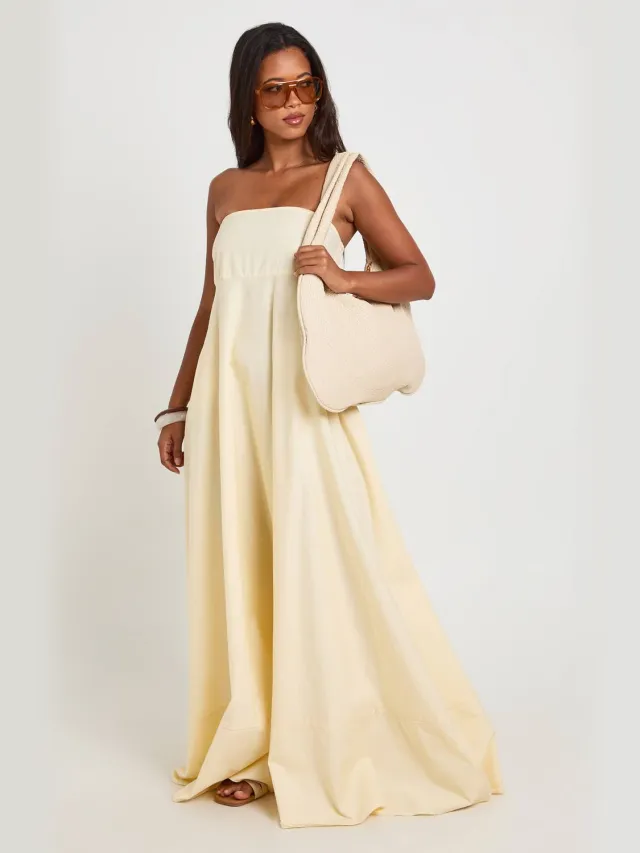 boohoo Dames Katoenen Poplin Gesmokte Maxi Jurk Met Elastische Rug Citroen