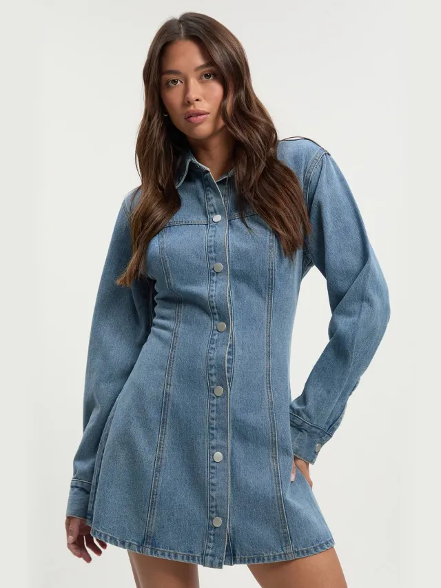 boohoo Dames Long Sleeve Cinched Waist Denim Dress Medium Blauw