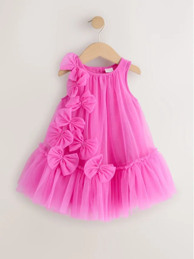 Next Meisjes - Mouwloze mesh jurk - Roze Bright Pink Bows