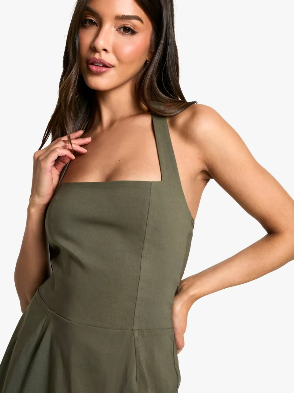 boohoo Dames Bengaline Jurk met Vierkante Hals en Skater Silhouet kaki, foto 4