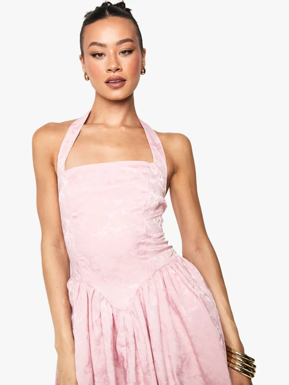boohoo Dames Hoge Halter Jaquard Square Neck Skater Jurk pale pink, foto 4