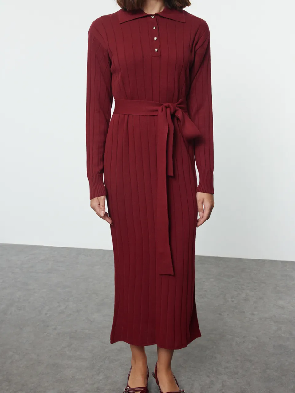 Trendyol Modest Dames Bordeaux Effen Maxi Lang Casual Recht Modest Jurken, foto 2