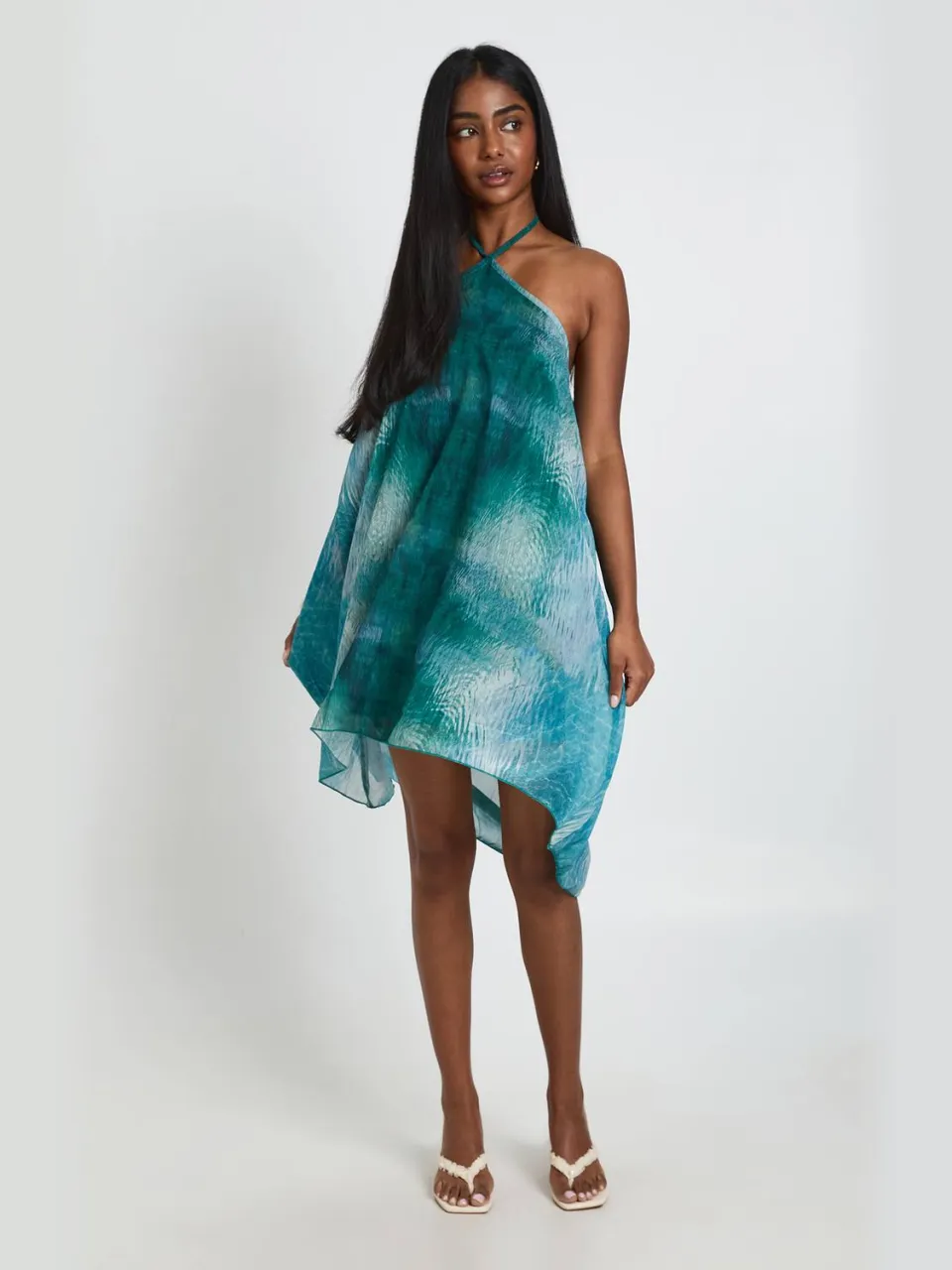 boohoo Dames Bedrukte Chiffon Midi-jurk Met Asymmetrische Zoom blauw, foto 3