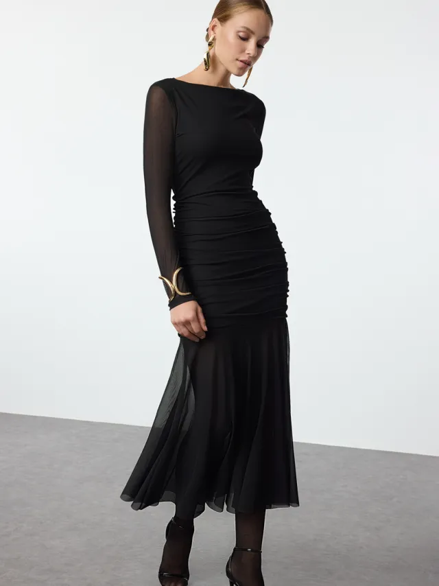 Trendyol TRENDYOLMİLLA Dames Zwart Effen Maxi Lang Stijlvol/Avond Zeemeermin Jurken