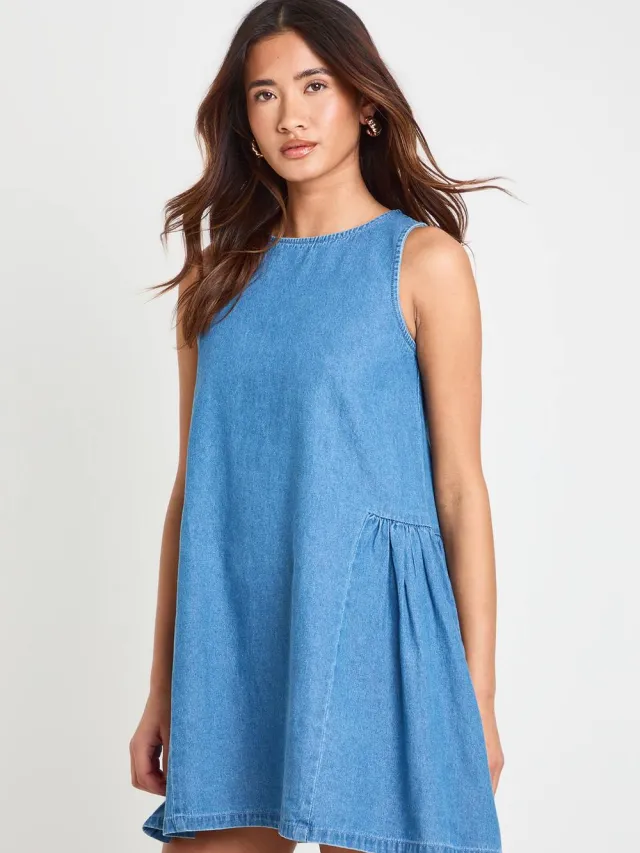 boohoo Dames Chambray Smock Jurk medium gebleekt, foto 3