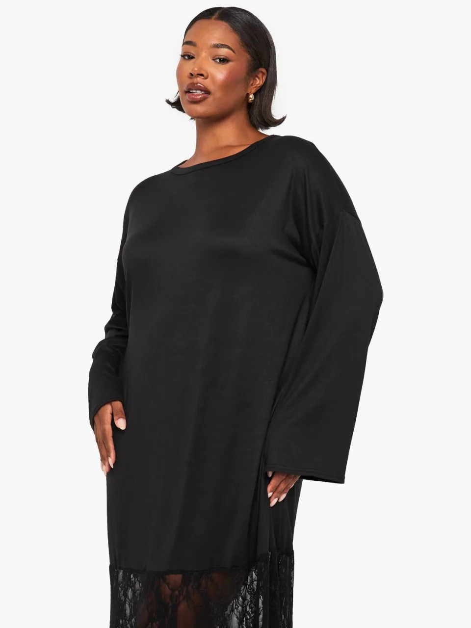 boohoo Dames plus lange mouw kanten t-shirt jurk zwart, foto 2