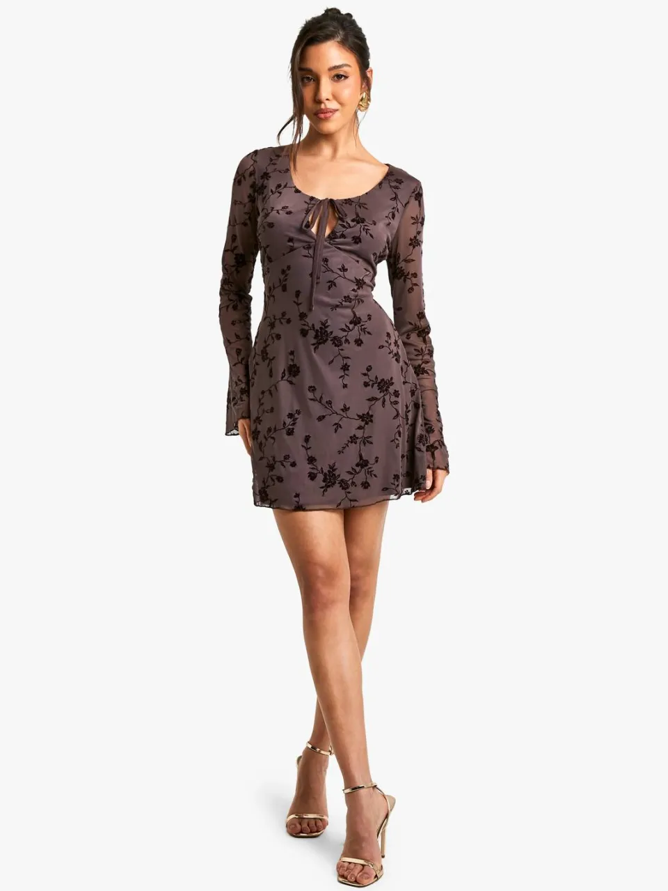 boohoo Dames Mesh Tie Front Flare Sleeve Mini Dress chocoladebruin, foto 3