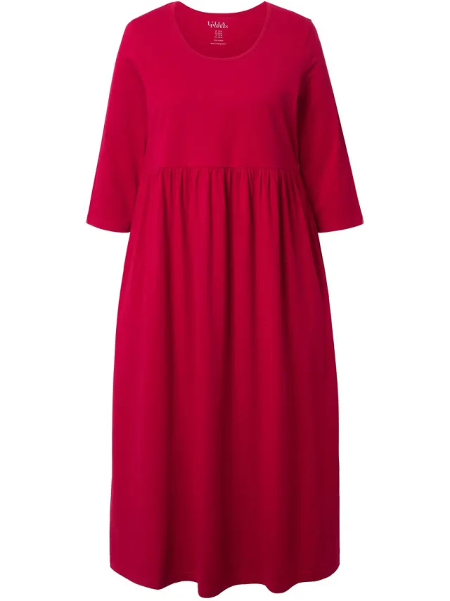Ulla Popken Dames - Maxi jurk van jersey A-lijn ronde hals 3/4-mouwen zakken - Robijnrood - Maat 54+