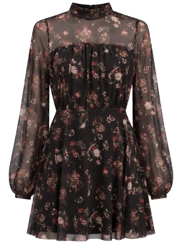 Ted Baker Avetta Mini-jurk Met Lange Mouwen, Bloemenprint En Zwarte Mesh