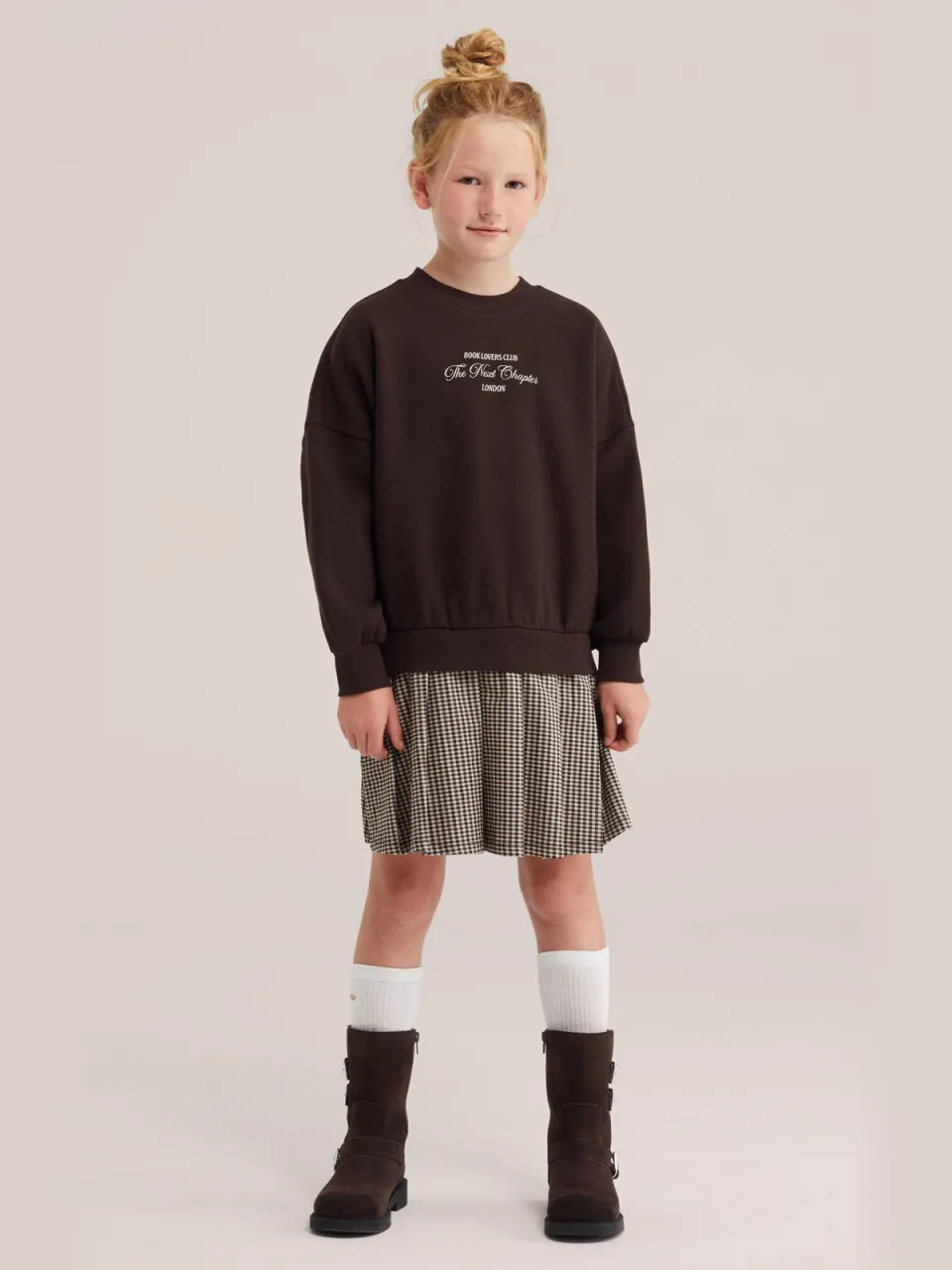 WE Fashion pied-de-poule midi sweatjurk donkerbruin beige donkerbruin/beige