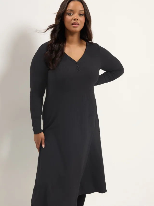 Yours Zwarte Geribbelde Henley Jurk Black