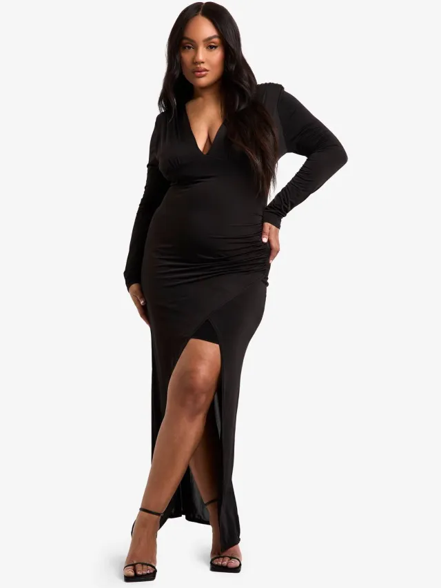 boohoo Dames Plus Dubbele Schouderpad Wrap Maxi Jurk Zwart