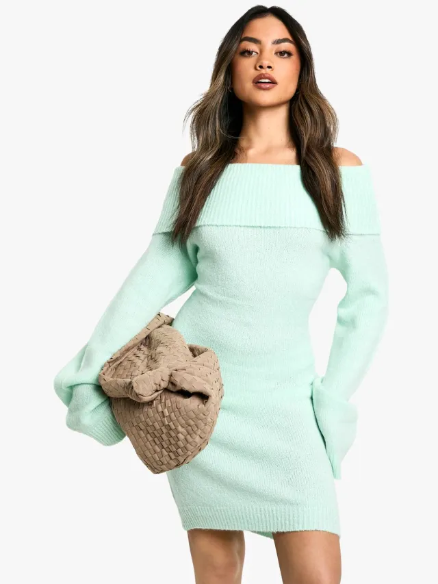 boohoo Dames Rib Bardot decollete Mini Jumper Jurk Munt